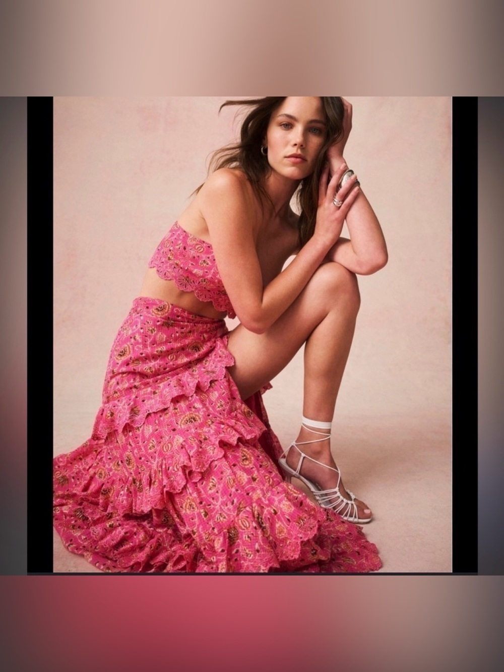 NWT Caroline Constas Pink Floral Cotton 2-Piece Set Crop Top Tiered Midi Skirt - Picture 4 of 17